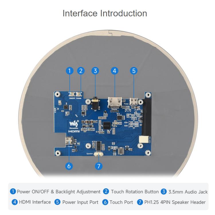 Waveshare Display touch capacitivo rotondo da 7 pollici con HDMI, LCD 1080x1080, multi-touch a 10 punti per Raspberry Pi e Arduino (fai da te), 7inch 1080x1080 LCD