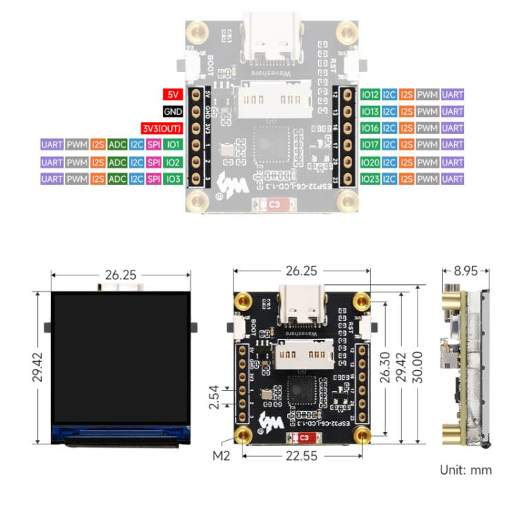 Scheda di sviluppo WAVESHARE ESP32-C6 per display LCD da 1,3 pollici, Without Pin Header, With Soldered Pin Header