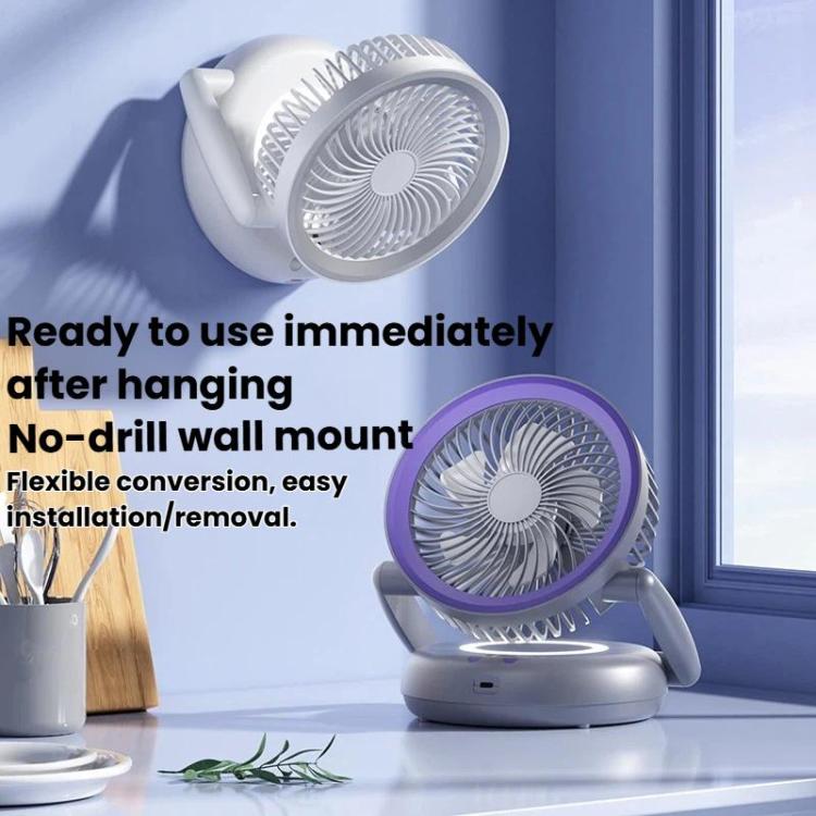 Ventilatore pieghevole con indicatore di batteria, per uso domestico, da tavolo e a parete, con luce LED.