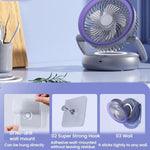 Ventilatore pieghevole con indicatore di batteria, per uso domestico, da tavolo e a parete, con luce LED.