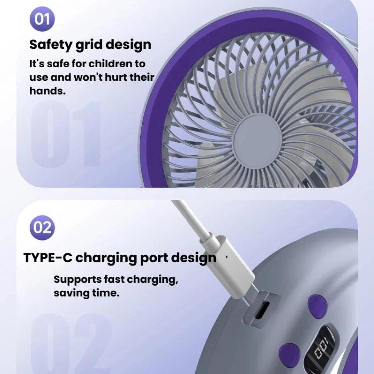 Ventilatore pieghevole con indicatore di batteria, per uso domestico, da tavolo e a parete, con luce LED.