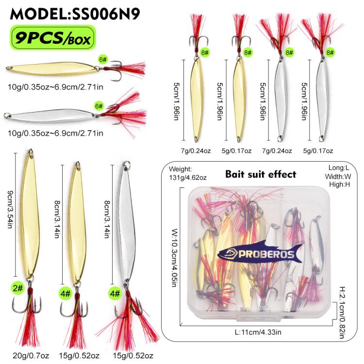 Set esche artificiali PROBEROS 9 pezzi cucchiaini pesca