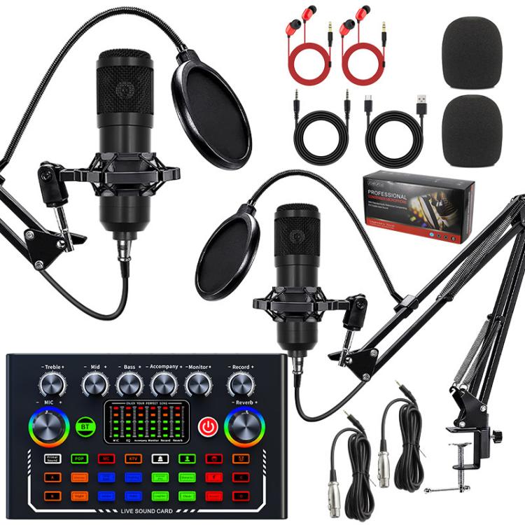 Doppio microfono a condensatore BM800 con scheda audio F009 per live, kit per podcast e supporto a braccio regolabile.