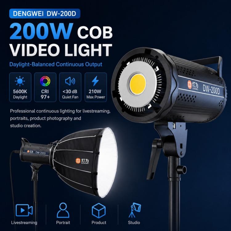 DENGWEI DW200D Luce video a LED COB da 200 W, emissione continua bilanciata luce diurna, lampada da studio, EU Plug, US Plug, UK Plug