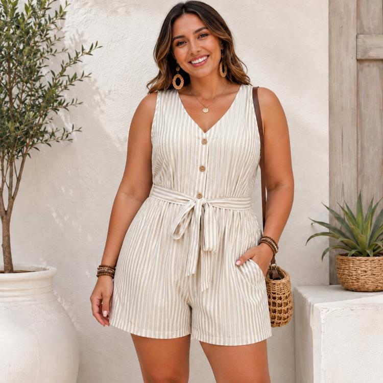 Tuta corta a righe senza maniche con scollo a V