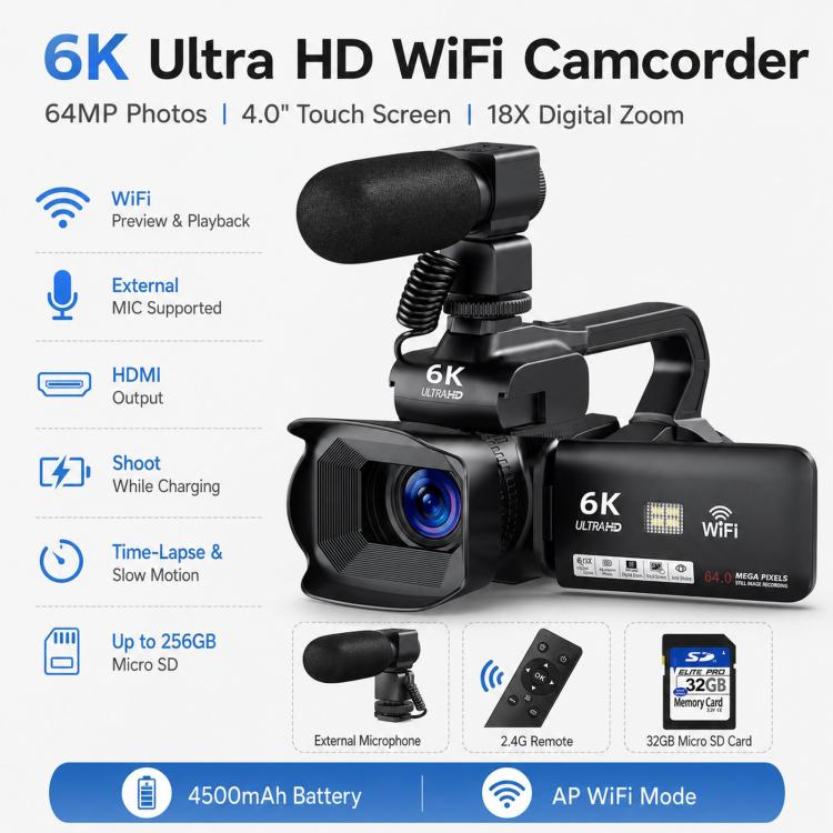 Videocamera digitale 64 MP 6K con zoom 18x e schermo touch 4 pollici