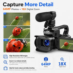 Videocamera digitale 64 MP 6K con zoom 18x e schermo touch 4 pollici