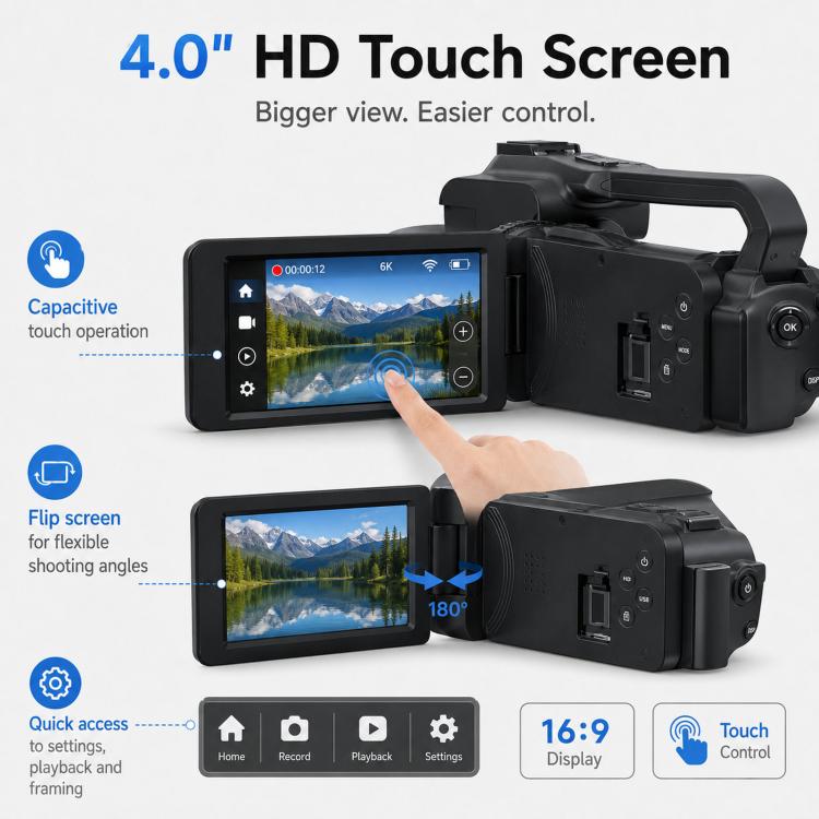 Videocamera digitale 64 MP 6K con zoom 18x e schermo touch 4 pollici