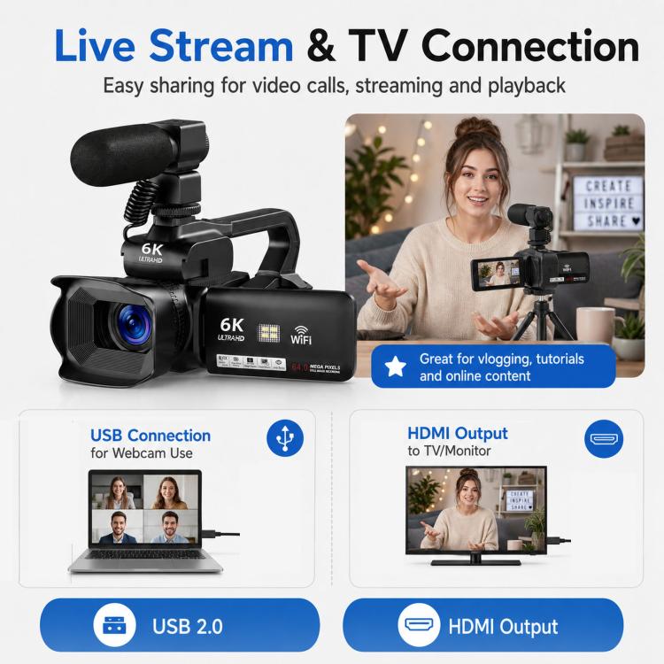 Videocamera digitale 64 MP 6K con zoom 18x e schermo touch 4 pollici