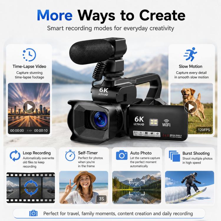 Videocamera digitale 64 MP 6K con zoom 18x e schermo touch 4 pollici