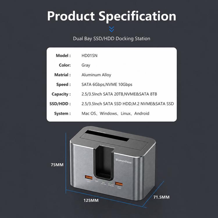 Blueendless Docking Station Dual Bay per SSD M.2 e SATA