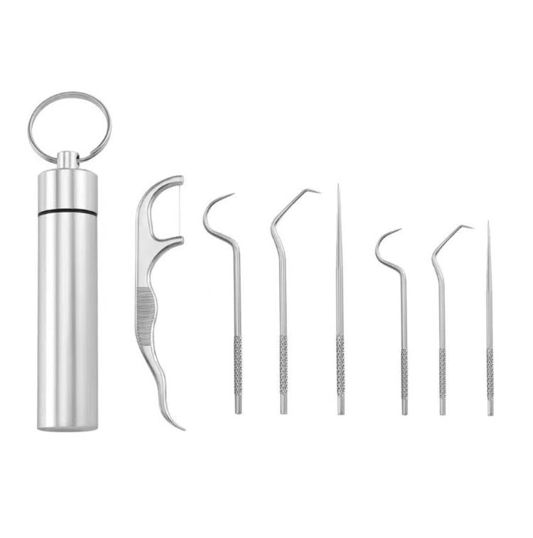 Set di 7 stuzzicadenti in acciaio inox con custodia