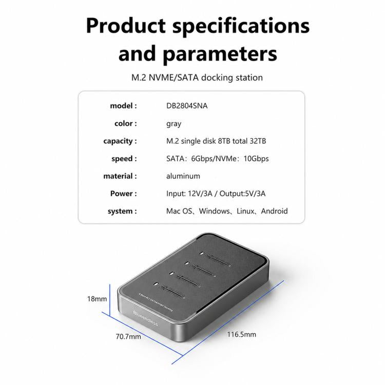 Blueendless Docking Station 4 Bay M.2 NVMe/SATA USB-C 10Gbps