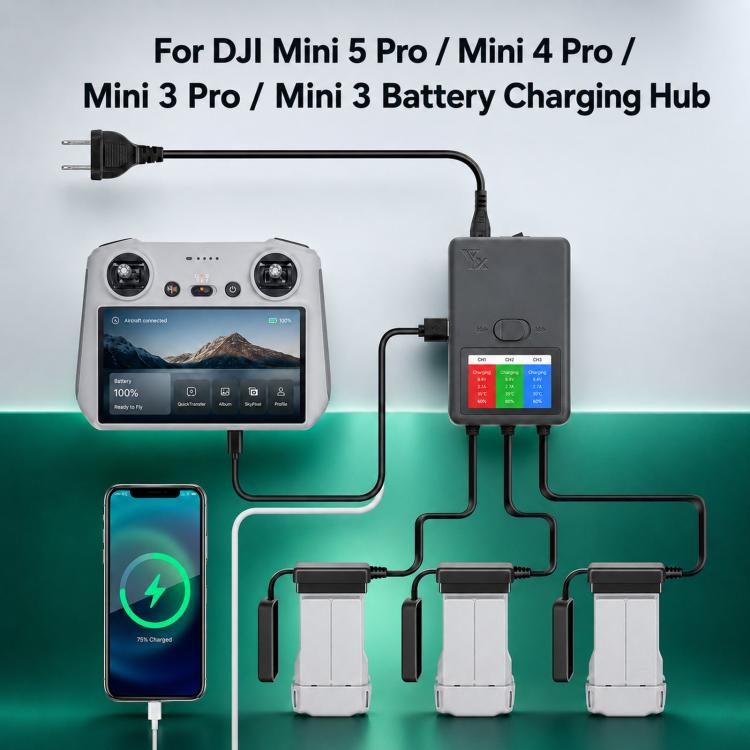 Caricabatterie intelligente 3 vie con display LCD per DJI Mini