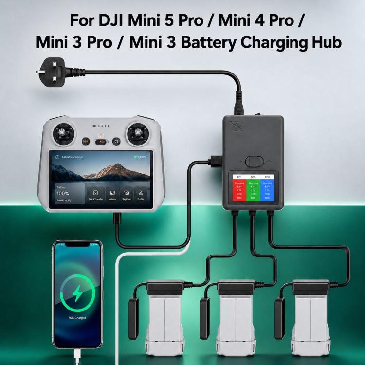 Caricabatterie intelligente 3 vie con display LCD per DJI Mini