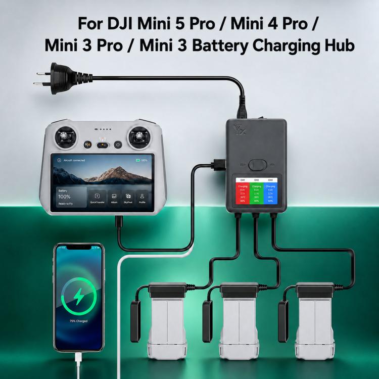 Caricabatterie intelligente 3 vie con display LCD per DJI Mini