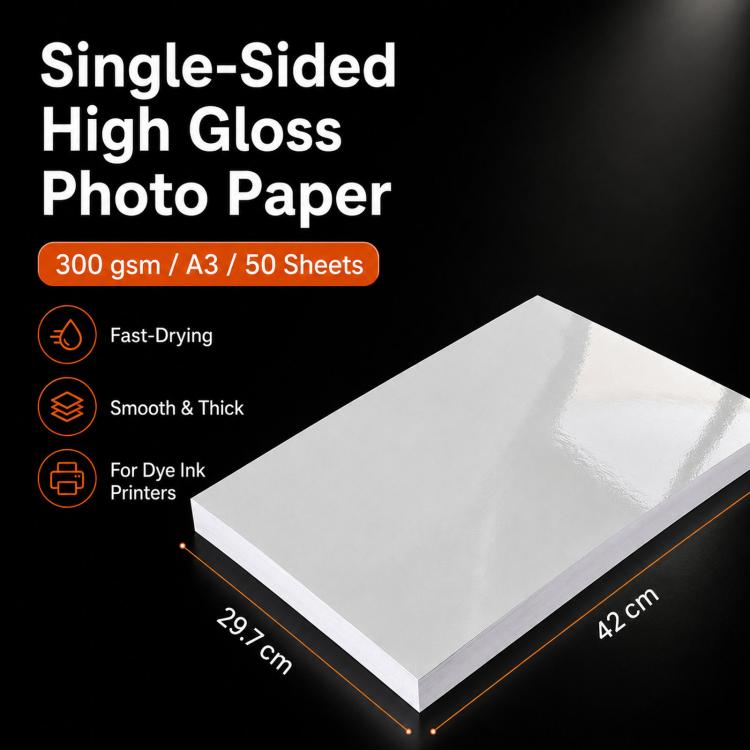 50 fogli di carta fotografica inkjet lucida da 300 g/m², formato A3, grammatura elevata, stampa su un solo lato, asciugatura rapida, carta patinata.