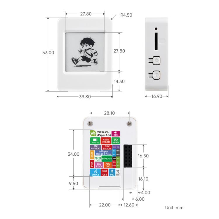 Waveshare ESP32-C6 Scheda di sviluppo AIoT con display e-paper da 1,54 pollici, risoluzione 200 × 200, supporta Wi-Fi e BLE 5, 34394