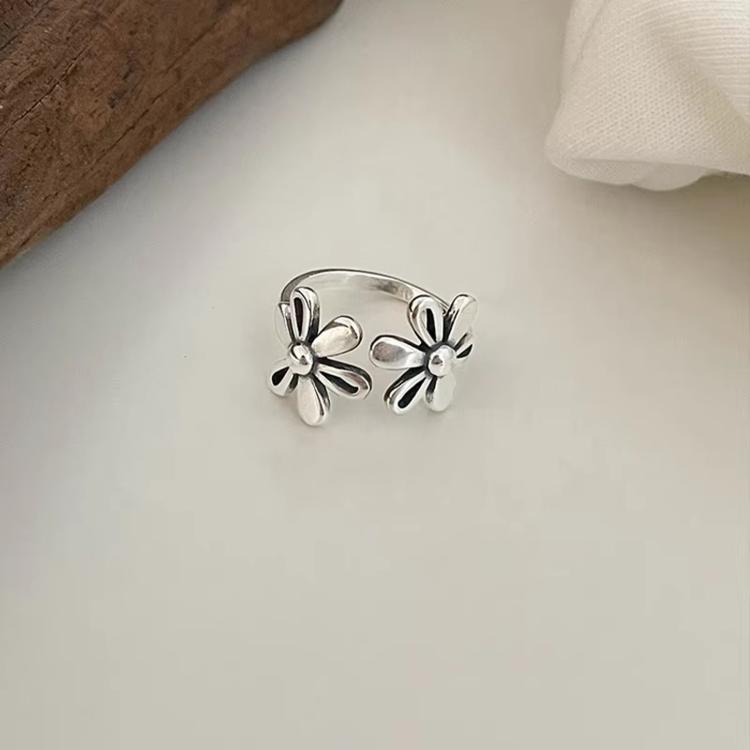 Anello aperto regolabile in argento sterling 925 con fiore