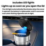 Posacenere per auto con coperchio e luce LED, in metallo ignifugo, contenitore per lo smaltimento di sigarette per veicoli.