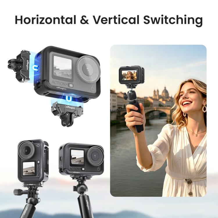 Gabbia protettiva per fotocamera DJI OSMO Action 6 aMaginsn Utility Frame con attacco a slitta e foro filettato da 1/4 di pollice.