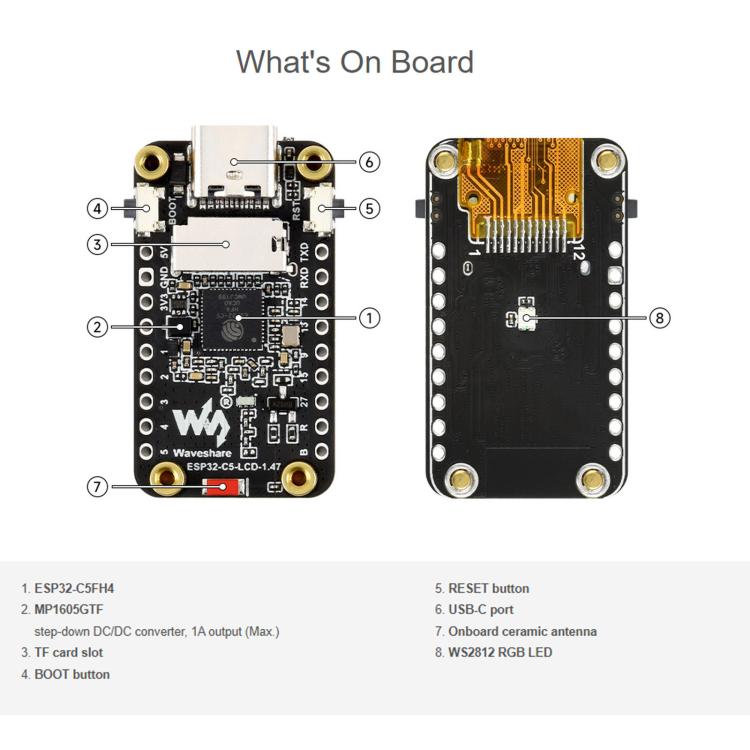 Scheda sviluppo ESP32-C5 con display LCD 1,47" Wi-Fi 6