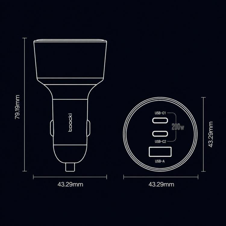 Caricabatterie rapido da auto Toocki da 200 W con 3 porte: doppia USB-C da 100 W e adattatore USB-A PD da 18 W con anello luminoso a LED., SD-033-9