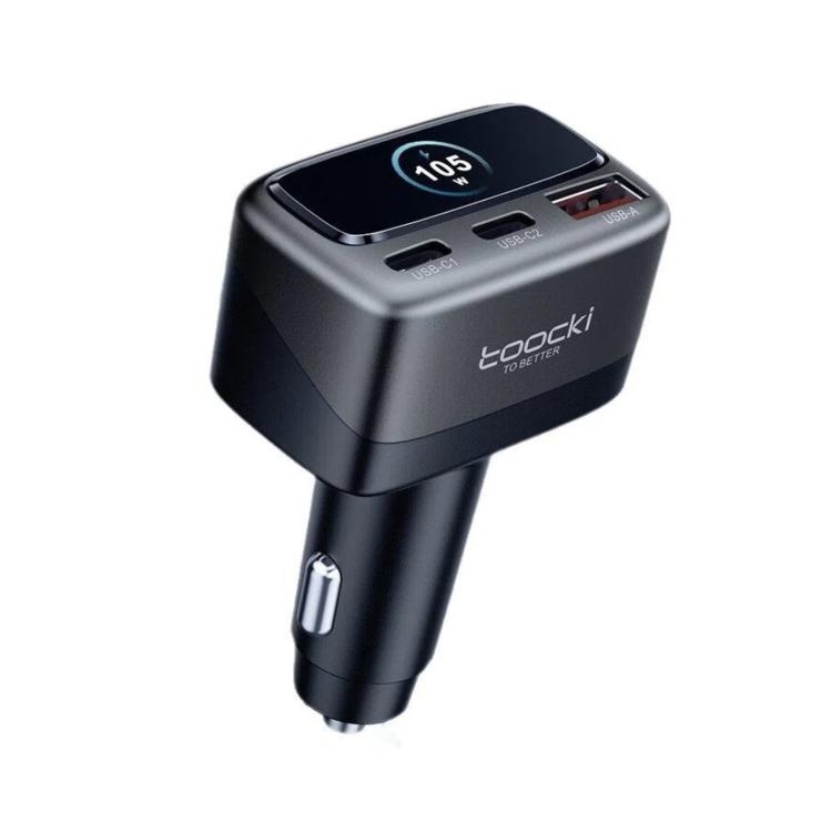 Caricabatterie da auto Toocki da 105 W con USB-C, 3 porte (1 USB-A e 2 USB-C) e display LCD a colori per il livello di carica., C46
