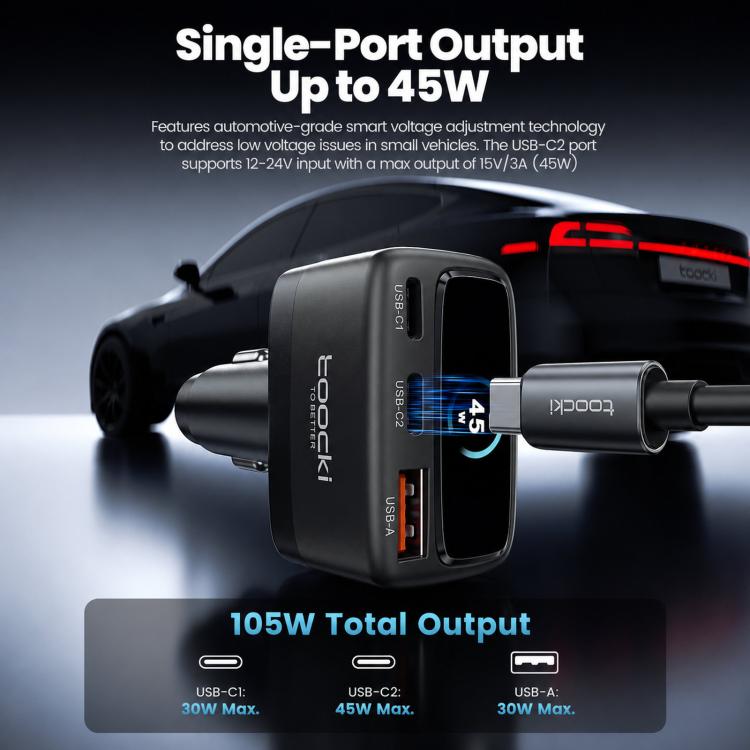 Caricabatterie da auto Toocki da 105 W con USB-C, 3 porte (1 USB-A e 2 USB-C) e display LCD a colori per il livello di carica., C46
