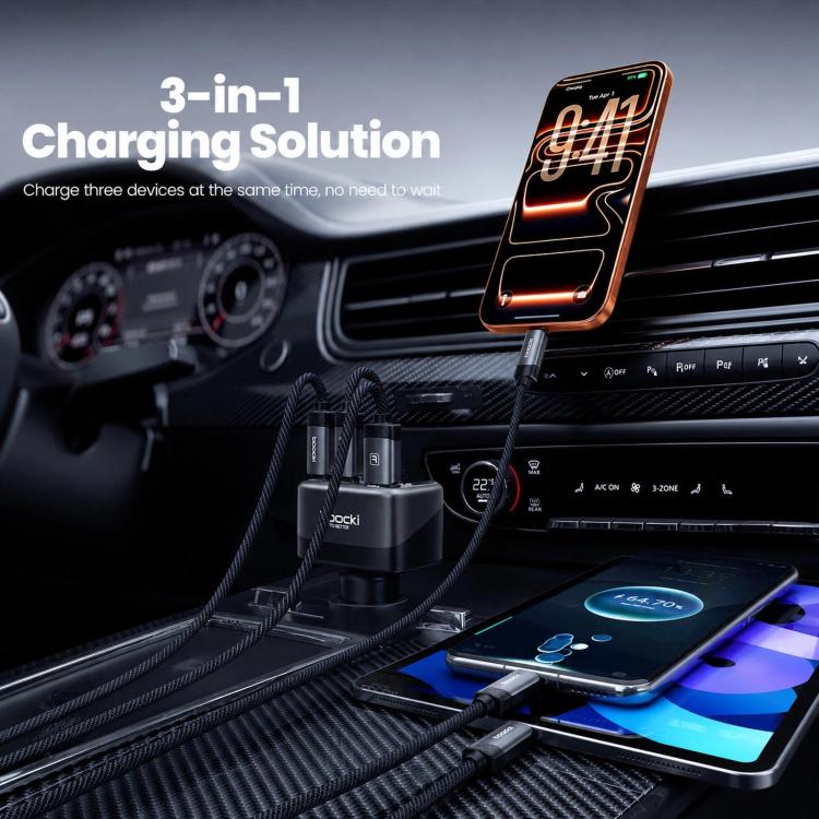Caricabatterie da auto Toocki da 105 W con USB-C, 3 porte (1 USB-A e 2 USB-C) e display LCD a colori per il livello di carica., C46