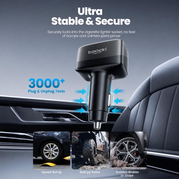 Caricabatterie da auto Toocki da 105 W con USB-C, 3 porte (1 USB-A e 2 USB-C) e display LCD a colori per il livello di carica., C46