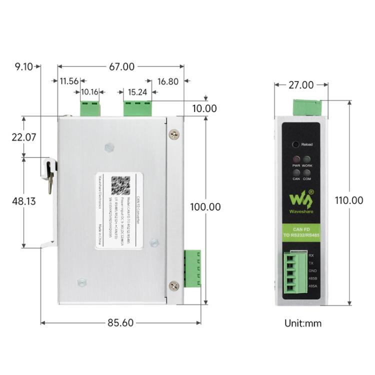 Convertitore protocollo CAN FD a RS232/RS485 Waveshare