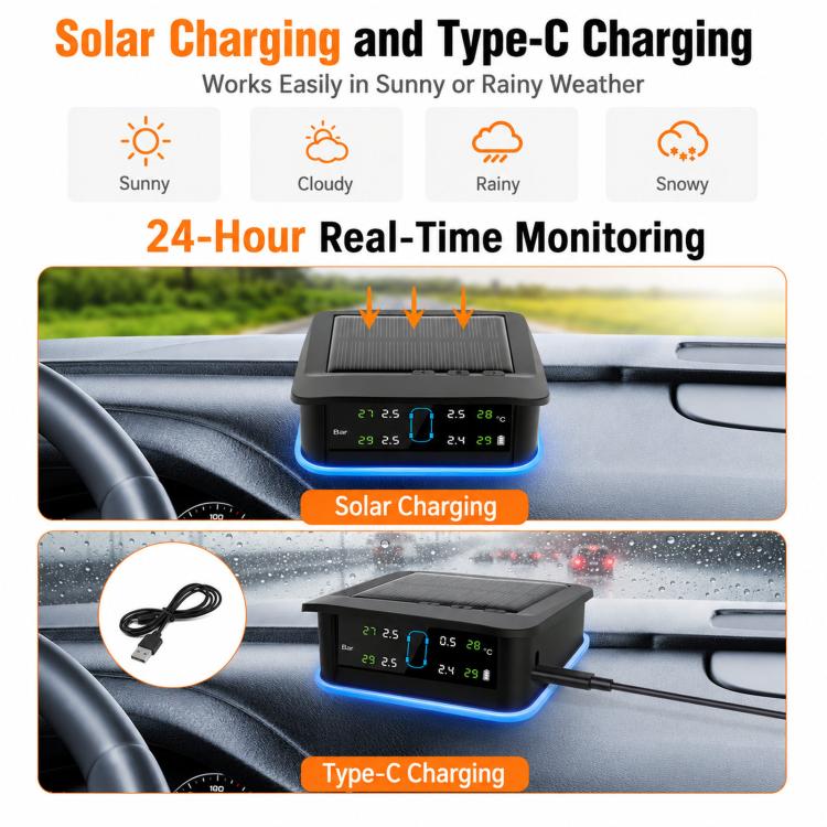 Sistema TPMS monitoraggio pressione pneumatici solare LED