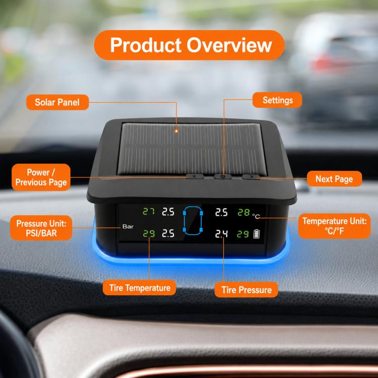 Sistema TPMS monitoraggio pressione pneumatici solare LED