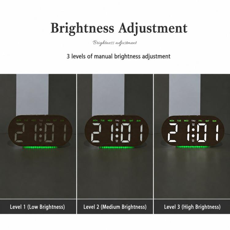 Sveglia digitale con retroilluminazione ambientale, visualizzazione di ora, giorno della settimana, data e temperatura.