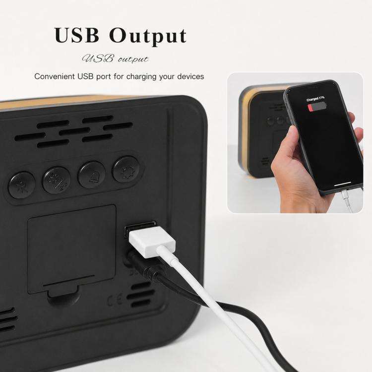 Sveglia digitale a LED da tavolo con luce notturna, uscita USB e display dimmerabile.