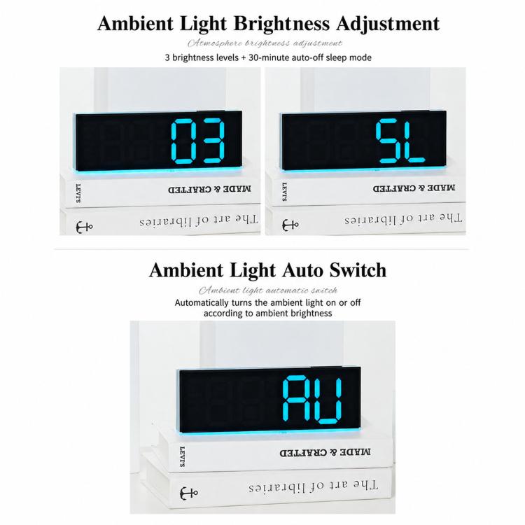 Sveglia digitale con luce notturna ambientale inferiore, doppia sveglia, uscita USB e volume regolabile.