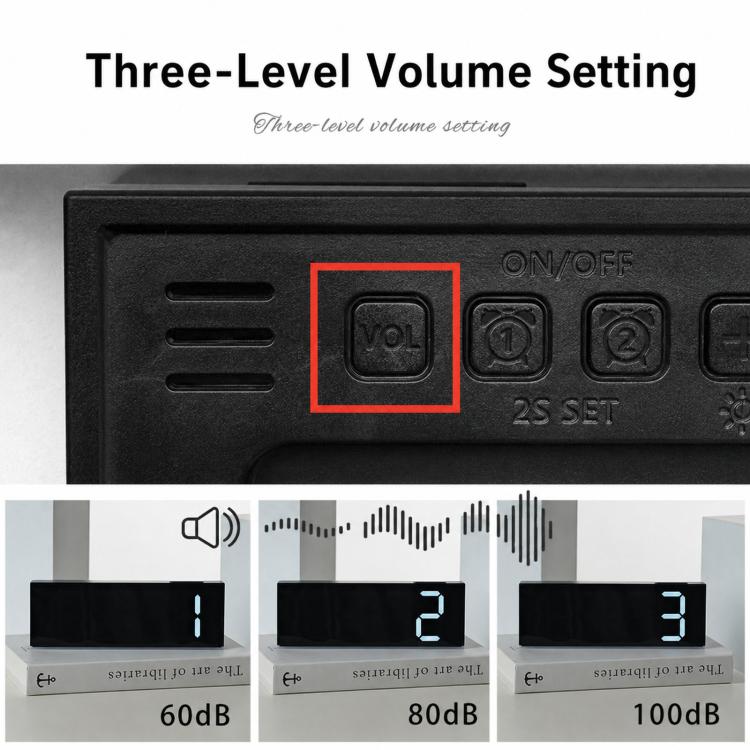 Sveglia digitale con luce notturna ambientale inferiore, doppia sveglia, uscita USB e volume regolabile.