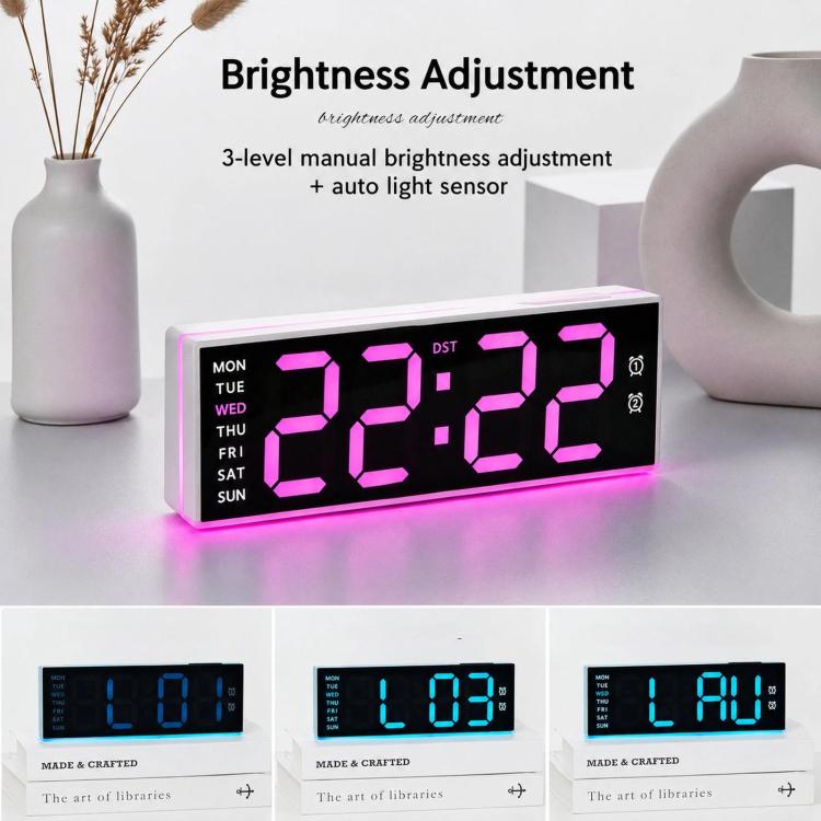 Sveglia digitale con luce notturna ambientale inferiore, doppia sveglia, uscita USB e volume regolabile.
