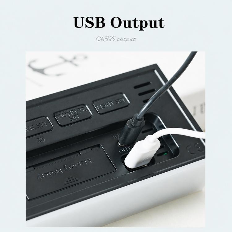 Sveglia digitale con luce notturna ambientale inferiore, doppia sveglia, uscita USB e volume regolabile.