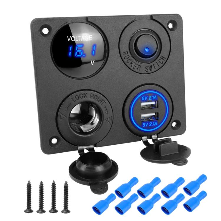 Voltmetro per accendisigari 4.2A Doppia USB Interruttore a pannello a quattro fori per auto, Blue Wireless, Green Wireless, Red Wireless, Blue Wired, Green Wired, Red Wired