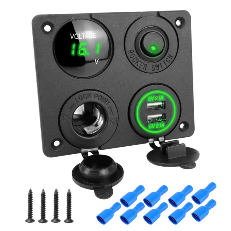 Voltmetro per accendisigari 4.2A Doppia USB Interruttore a pannello a quattro fori per auto, Blue Wireless, Green Wireless, Red Wireless, Blue Wired, Green Wired, Red Wired