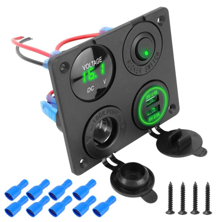 Voltmetro per accendisigari 4.2A Doppia USB Interruttore a pannello a quattro fori per auto, Blue Wireless, Green Wireless, Red Wireless, Blue Wired, Green Wired, Red Wired