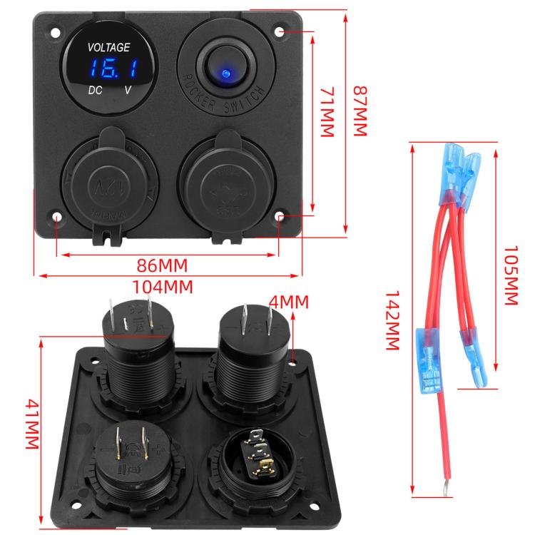 Voltmetro per accendisigari 4.2A Doppia USB Interruttore a pannello a quattro fori per auto, Blue Wireless, Green Wireless, Red Wireless, Blue Wired, Green Wired, Red Wired