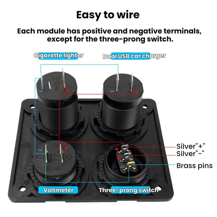 Voltmetro per accendisigari 4.2A Doppia USB Interruttore a pannello a quattro fori per auto, Blue Wireless, Green Wireless, Red Wireless, Blue Wired, Green Wired, Red Wired