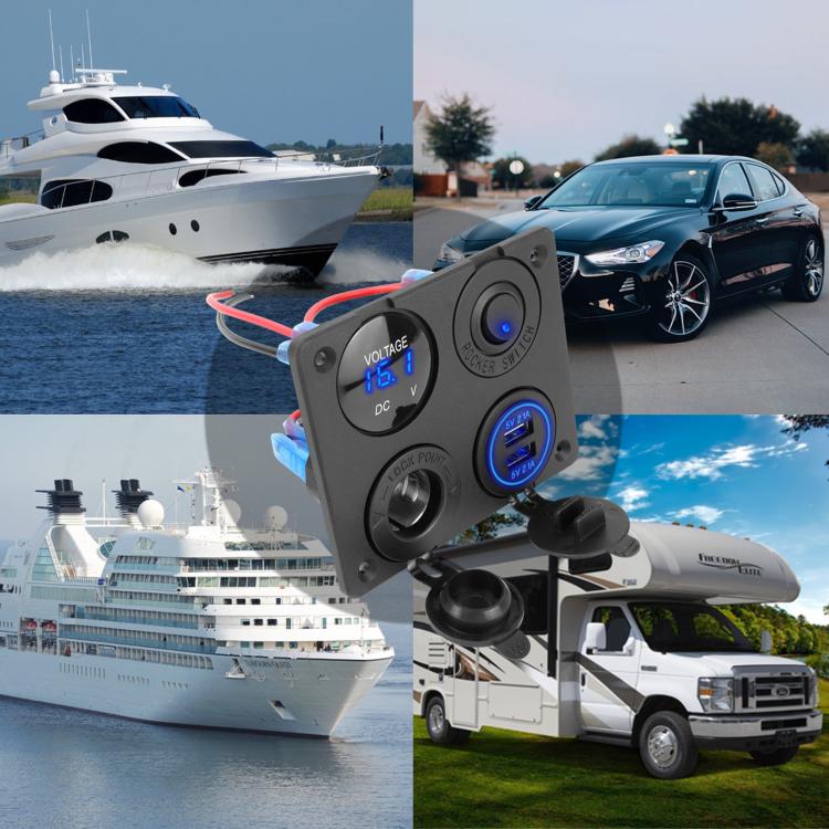 Voltmetro per accendisigari 4.2A Doppia USB Interruttore a pannello a quattro fori per auto, Blue Wireless, Green Wireless, Red Wireless, Blue Wired, Green Wired, Red Wired