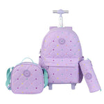 Set di 3 zaini con ruote per bambine: zaino scolastico trapuntato a forma di cuore con ruote, portapranzo e astuccio.