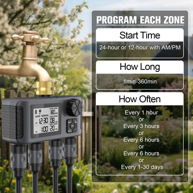 Timer programmabile per tubo da giardino a 4 zone, con 4 uscite, funzione di ritardo pioggia e blocco di sicurezza per bambini., SGW18