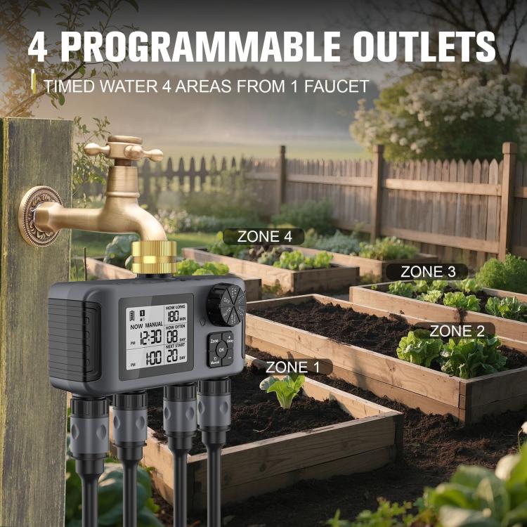 Timer programmabile per tubo da giardino a 4 zone, con 4 uscite, funzione di ritardo pioggia e blocco di sicurezza per bambini., SGW18