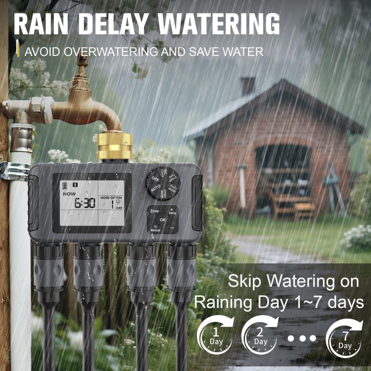 Timer programmabile per tubo da giardino a 4 zone, con 4 uscite, funzione di ritardo pioggia e blocco di sicurezza per bambini., SGW18